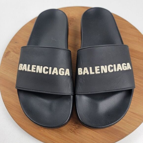 Balenciaga Black & White Logo Pool Slides Slip On Outdoor Womens size 11 - Picture 1 of 13